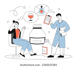 Female alcoholism line concept. Woman with doctor and pills. Young girl with alcohol addiction near specialist. Mental issues and psychological disorders. Linear flat vector illustration