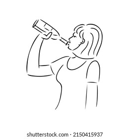 Female alcoholism linear drawing. Vector black and white illustration in sketch style. A woman drinks wine from a bottle.
