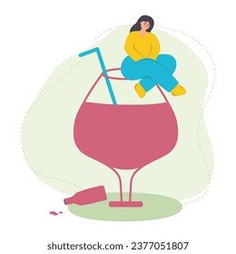 Female alcoholism. A sad girl sits on a glass of wine. Bad habit, alcohol addiction. Flat vector illustration