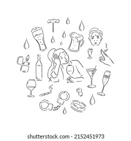 Conjunto de alcoholismo femenino. Colección de elementos vectoriales en estilo de esbozo. Una mujer sentada con un vaso, vasos para el vino, vodka, champán, una botella, esposas, un cigarrillo con un cenicero
