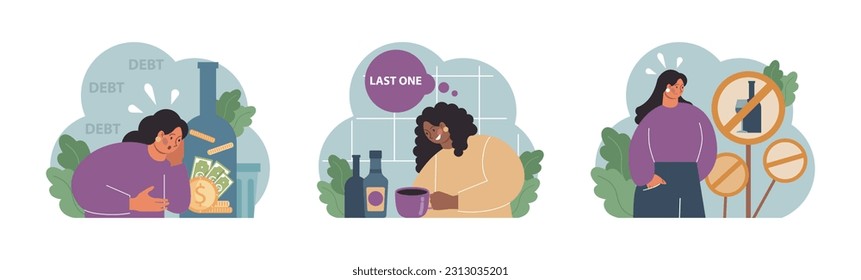 Female alcoholism set. Woman suffering from hard drinking, alcohol addiction. Drunk woman with a bottle of booze. Dangerous habit, unhealthy lifestyle awareness. Flat vector illustration