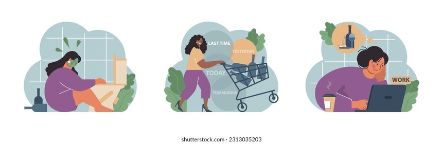 Female alcoholism set. Woman suffering from hard drinking, alcohol addiction. Drunk woman with a bottle of booze. Dangerous habit, unhealthy lifestyle awareness. Flat vector illustration