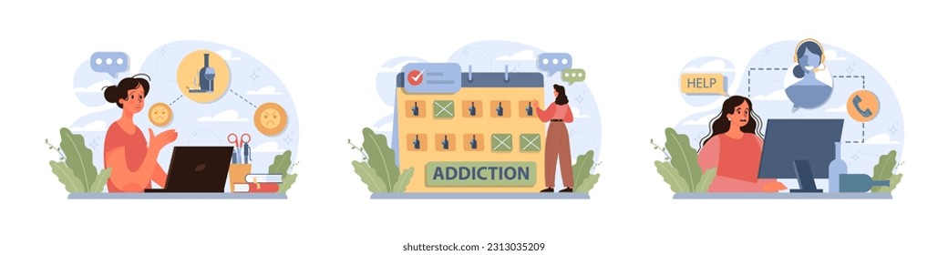 Female alcoholism set. Woman suffering from hard drinking, alcohol addiction. Drunk woman with a bottle of booze. Dangerous habit, unhealthy lifestyle awareness. Flat vector illustration