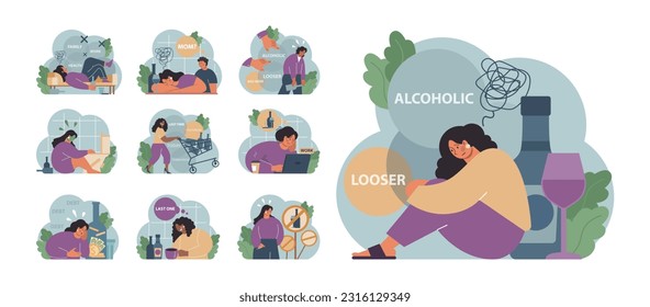 Female alcoholism set. Woman suffering from hard drinking, alcohol addiction. Drunk woman with a bottle of booze. Dangerous habit, unhealthy lifestyle awareness. Flat vector illustration