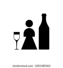 Female alcoholism sign. Girl and alcohol bottle icon. Concept illustration of logo woman and wine. Incurable disease for women