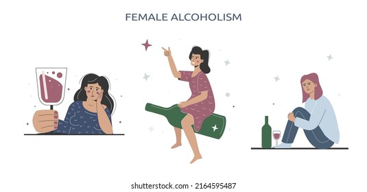 Female alcoholism, vector set of drunk persons.
