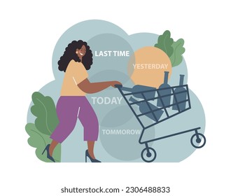 Female alcoholism. Woman suffering from hard drinking, alcohol addiction. Drunk woman with a bottle of booze. Dangerous habit, unhealthy lifestyle awareness. Flat vector illustration