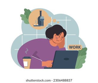 Female alcoholism. Woman suffering from hard drinking, alcohol addiction. Woman can't concentrate on her work. Dangerous habit, unhealthy lifestyle awareness. Flat vector illustration