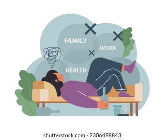 Female alcoholism. Woman suffering from hard drinking, alcohol addiction. Drunk woman with a bottle of booze. Dangerous habit, unhealthy lifestyle awareness. Flat vector illustration