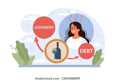 Female alcoholism. Woman suffering from hard drinking, alcohol addiction. Drunk woman with a bottle of booze. Dangerous habit, unhealthy lifestyle awareness. Flat vector illustration