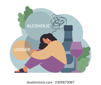 Female alcoholism. Woman suffering from hard drinking, alcohol addiction. Drunk woman with a bottle of booze. Dangerous habit, unhealthy lifestyle awareness. Flat vector illustration