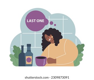 Female alcoholism. Woman suffering from hard drinking, alcohol addiction. Drunk woman with a bottle of booze. Dangerous habit, unhealthy lifestyle awareness. Flat vector illustration