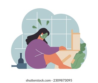 Female alcoholism. Woman suffering from hard drinking, alcohol addiction or hangover. Drunk woman puking in the toilet. Dangerous habit, unhealthy lifestyle awareness. Flat vector illustration