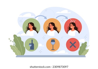 Female alcoholism. Woman suffering from hard drinking, alcohol addiction. Drunk woman with a bottle of booze. Dangerous habit, unhealthy lifestyle awareness. Flat vector illustration