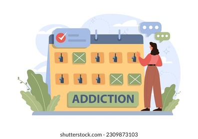 Female alcoholism. Woman suffering from hard drinking, alcohol addiction. Drunk woman with a bottle of booze. Dangerous habit, unhealthy lifestyle awareness. Flat vector illustration