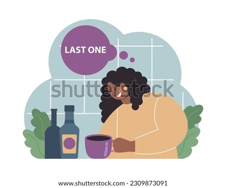 Female alcoholism. Woman suffering from hard drinking, alcohol addiction. Drunk woman with a bottle of booze. Dangerous habit, unhealthy lifestyle awareness. Flat vector illustration