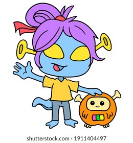Una extraterrestre saludando a su criatura mascota, el garabato dibuja kawaii. ilustración vectorial