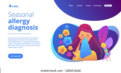 Female allergic to spring flowers sneezing and taking medicine. Seasonal allergy, seasonal allergy diagnosis, pollen allergy immunotherapy concept. Website vibrant violet landing web page template.