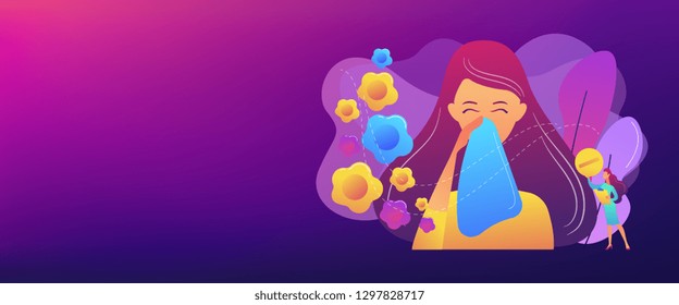 Female allergic to spring flowers sneezing and taking medicine. Seasonal allergy, seasonal allergy diagnosis, pollen allergy immunotherapy concept. Header or footer banner template with copy space.