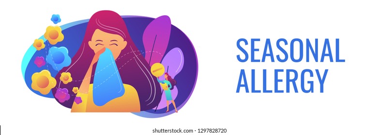 Female allergic to spring flowers sneezing and taking medicine. Seasonal allergy, seasonal allergy diagnosis, pollen allergy immunotherapy concept. Header or footer banner template with copy space.