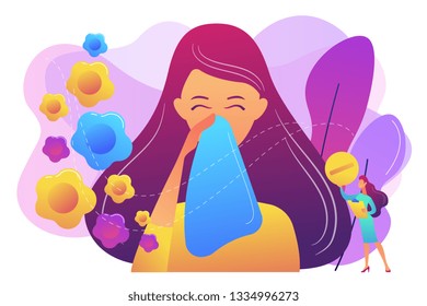 Female allergic to spring flowers sneezing and taking medicine. Seasonal allergy, seasonal allergy diagnosis, pollen allergy immunotherapy concept. Bright vibrant violet vector isolated illustration