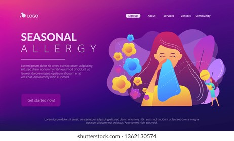 Female allergic to spring flowers sneezing and taking medicine. Seasonal allergy, seasonal allergy diagnosis, pollen allergy immunotherapy concept. Website vibrant violet landing web page template.