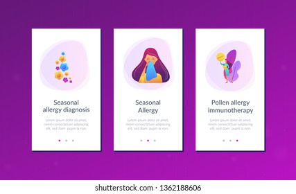 Female allergic to spring flowers sneezing and taking medicine. Seasonal allergy, seasonal allergy diagnosis, pollen allergy immunotherapy concept. Mobile UI UX GUI template, app interface wireframe