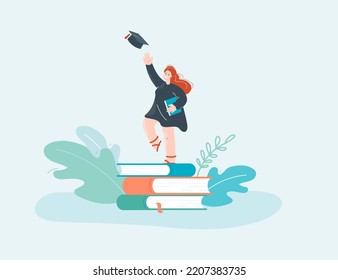 Female alumnus graduating university flat vector illustration. Tiny graduate throwing graduation cap, standing on huge pile of books. Education concept for banner, website design or landing web page