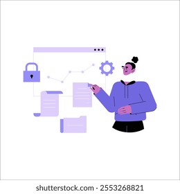 Analista Femenino Con Gráficos Y Documentos En Ilustración vectorial Plana Que Simbolizan La Seguridad De Datos, El Análisis Y La Estrategia, Aislado Sobre Fondo Blanco