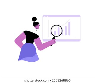 Analista Femenina Que Destaca El Gráfico Sobre La Interfaz De Web En Ilustración vectorial Plana Que Simboliza La Investigación De Datos, Información Financiera E Informes De Negocios, Aislados Sobre Fondo Blanco