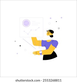 Female Analyst Presenting Data Chart In Flat Vector Illustration Symbolizing Business Analysis, Market Research, And Financial Presentation, Isolated On White Background.