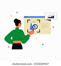 Analista Feminino Revisando Gráfico De Dados Com Lupa Na Ilustração De Vetor Plano Simbolizando Análise De Dados, Crescimento Dos Negócios E Pesquisa, Isolada Em Fundo Branco