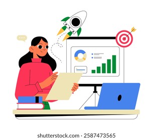 Female Analyst Working On Business Strategy In Flat Vector Illustration Symbolizing Data Analysis, Market Research, And Decision Making, Isolated On White Background