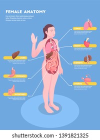 Female anatomy isometric infographics with woman body and internal organs 3d vector illustration