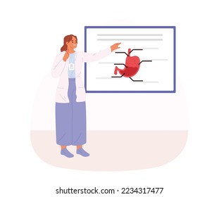 Female anatomy professor giving lecture in medical university or college classroom with stomach on board. Doctor teacher explaining stomach structure to students. Flat cartoon vector illustration