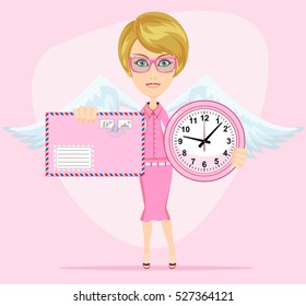 Female angel with beautiful wings holding a pink watchs and envelope with a letter she congratulates you. Time to love and live . Stock Vector illustration