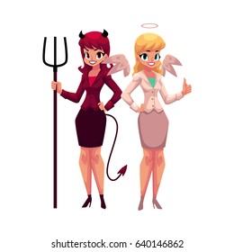 Female angel and devil characters in business suits, decision making concept, cartoon vector illustration on white background. Business women dressed as angel and devil, making ringht choice, decision