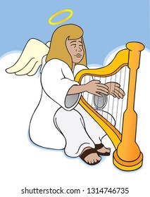 A female angel is sitting in the clouds playing a harp