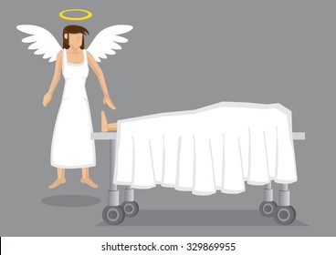 Female Angel In White With Wings And Halo At The Side Of A Dead Body On Deathbed Covered In Sheet. Cartoon Vector Illustration On After Death Experience Isolated On Plain Background.