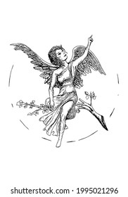 Female angel with wings, hand drawing vector art. Black and white isolated clipart in vintage style