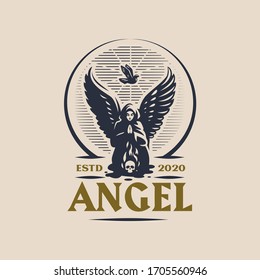 A female angel with wings is praying kneeling in front of a burning skull. From above the soul ascends in the form of a dove. Windy logo.