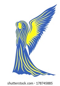 Female angel in yellow and blue; these colors symbolize the Ukraine. Hand drawing vector illustration