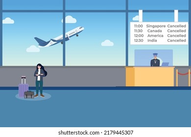 A Female Angry Passenger Standing Inside The Airport With Her Luggage And Bag Vector. Flight Cancellation Concept With An Airplane And Receptionist Vector. Flat Character Design With An Airplane.