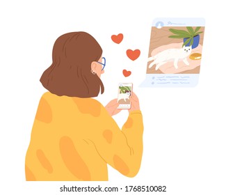 Female animal lover sharing photo of cat at social network vector flat illustration. Woman blogger making post to followers isolated. Girl browse social media use smartphone