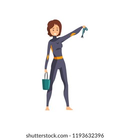 Female animal trainer feeding marine animals with fish in dolphinarium vector Illustration on a white background