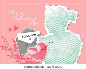 Female antique Statue with a halftone effect in a retro collage style with vector graphic elements - heart and love letter. Happy Valentine's Day Banner vector design in vintage mixed media style.