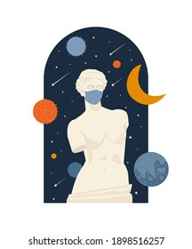 Female Antique statue. Museum of the pandemic lockdown сovid time in coronavirus. A woman without hands. Mythical, ancient greek style. Hand drawn Vector illustration. Classic statue in modern style.