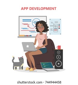 Female app developer. Smiling african woman wiith laptop developing applications.