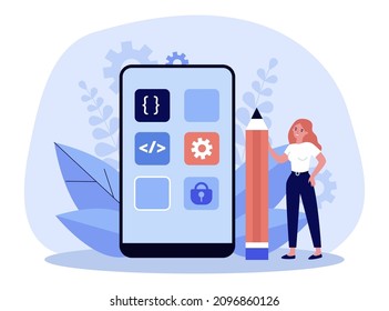 Desarrolladora de aplicaciones con un lápiz enorme y smartphone. Pantalla de teléfono con diferentes iconos de ilustración vectorial plana. Tecnología, concepto de desarrollo de software para banner o página web de inicio