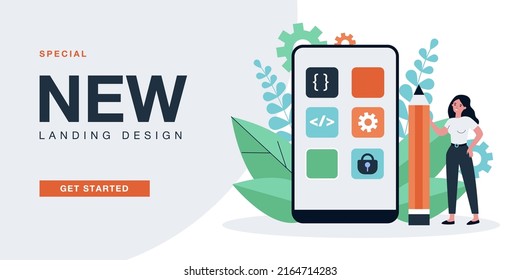 Female application developer with huge pencil and smartphone. Phone screen with different icons flat vector illustration. Technology, software development concept for banner or landing web page